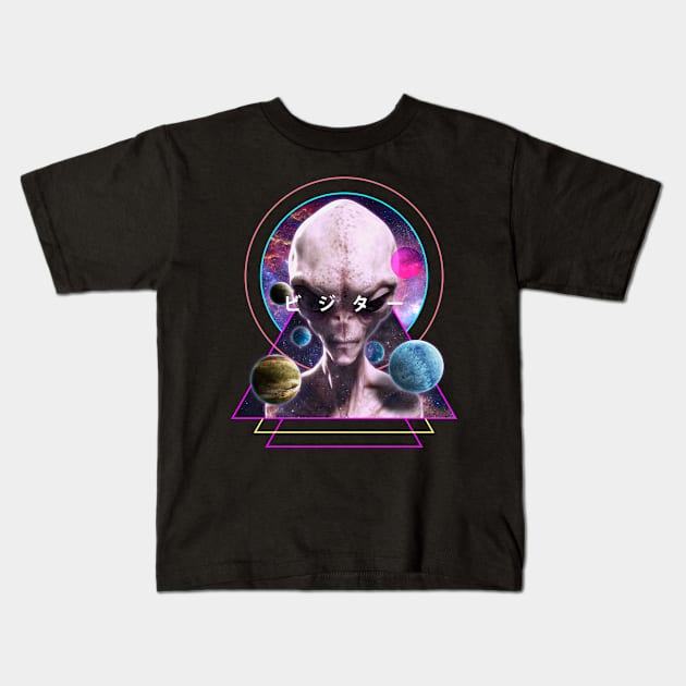 Alien Visitor Vaporwave Aesthetic Galaxy Outer Space Art With Japanese Kanji Kids T-Shirt by Vaporwave